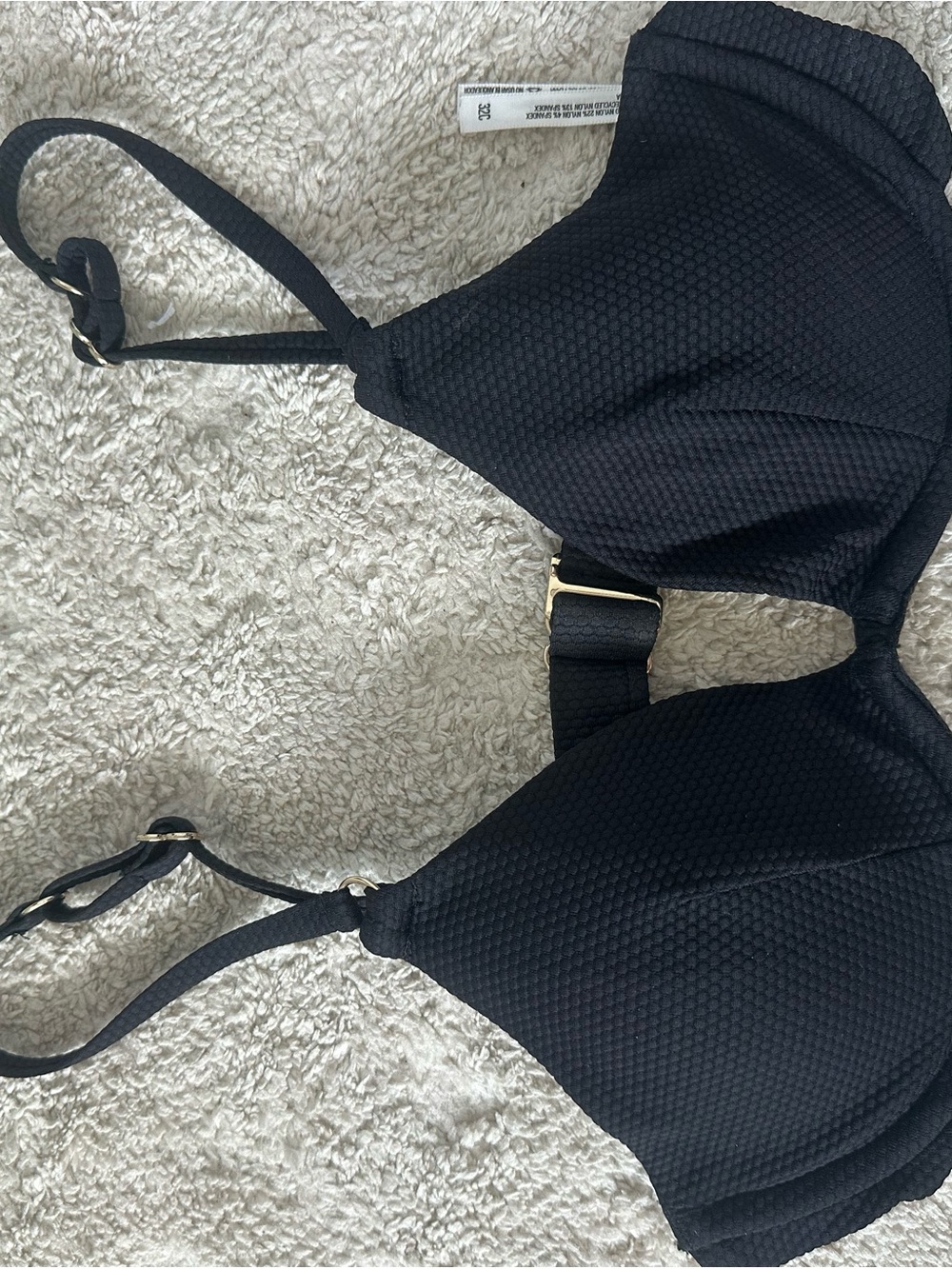 Black Textured Bikini Top with Gold Accent - Swim